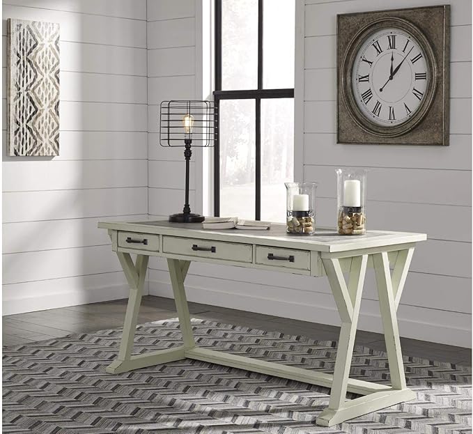 Signature Design by Ashley Jonileene Farmhouse Home Office Desk with Drawers, White & Gray - LeafyLoom