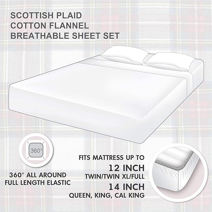 Comfort Spaces Cotton Flannel Breathable Warm Deep Pocket Sheets with Pillow Case Bedding, Cal King, Scottish Plaid Red, 4 Piece - LeafyLoom