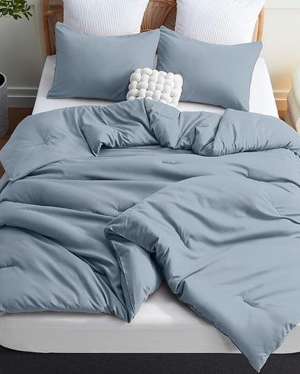 CozyLux Grayish Blue Comforter Set King Size, 3 Pieces Solid Breathable Quilted Boho Style Bedding Sets, Luxury Fluffy Soft Microfiber Comforter for All Season(1 Comforter & 2 Pillowcases) - LeafyLoom