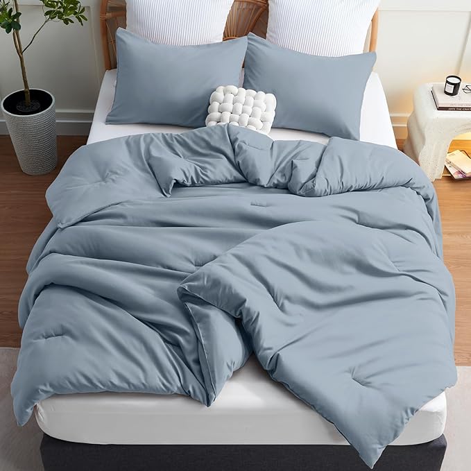 CozyLux Grayish Blue Comforter Set King Size, 3 Pieces Solid Breathable Quilted Boho Style Bedding Sets, Luxury Fluffy Soft Microfiber Comforter for All Season(1 Comforter & 2 Pillowcases) - LeafyLoom