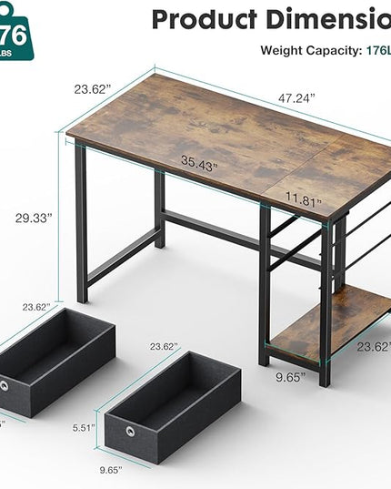 SMUG Computer Desk with Storage Drawers, 47 Inch Small Office Desk Modern Simple Workstation Study Writing Table for Home Bedroom, Rustic Brown - LeafyLoom