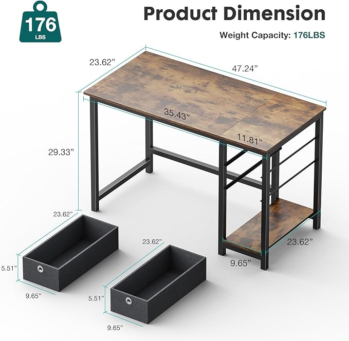 SMUG Computer Desk with Storage Drawers, 47 Inch Small Office Desk Modern Simple Workstation Study Writing Table for Home Bedroom, Rustic Brown - LeafyLoom