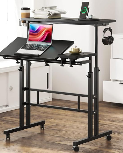 SDHYL 31.5 inches Movable Laptop Desk with Mouse Board Adjustable Height and Angle Anti-Slip Workstation Home Office Desk with Tablet Slot Portable Student Desk, Black - LeafyLoom