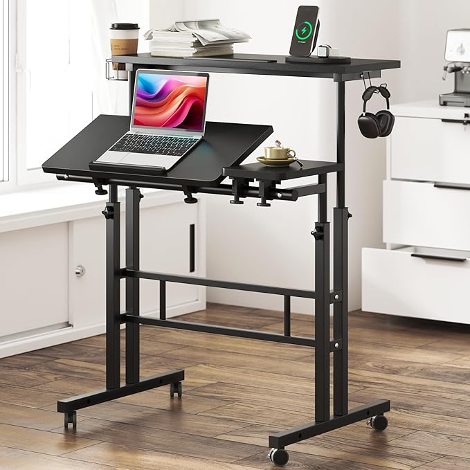 SDHYL 31.5 inches Movable Laptop Desk with Mouse Board Adjustable Height and Angle Anti-Slip Workstation Home Office Desk with Tablet Slot Portable Student Desk, Black - LeafyLoom