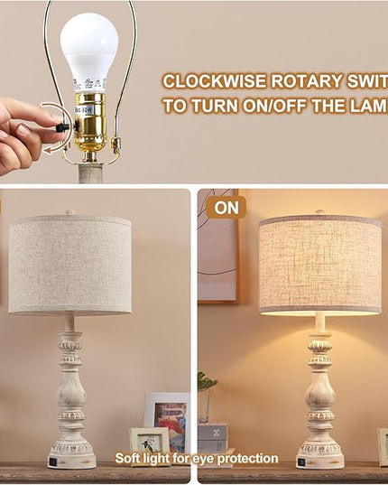 Farmhouse Bedside Table Lamps Set of 2, Bedroom Lamps for Nightstand with USB A+C Ports, 28” Rustic Vintage Living Room Lamps with Rotary Switch - Bulb Not Included - LeafyLoom