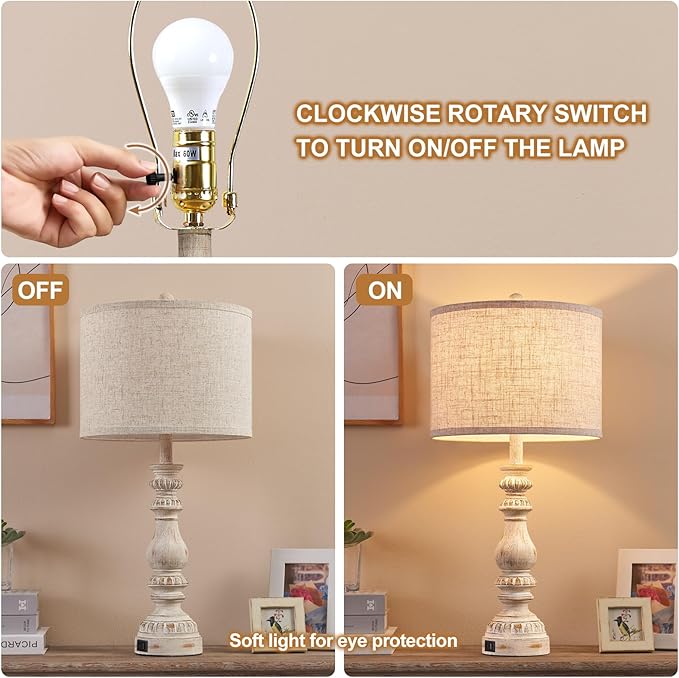 Farmhouse Bedside Table Lamps Set of 2, Bedroom Lamps for Nightstand with USB A+C Ports, 28” Rustic Vintage Living Room Lamps with Rotary Switch - Bulb Not Included - LeafyLoom