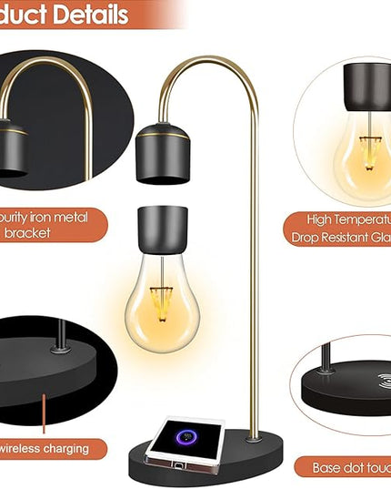 Levitating Light Bulb Lamp with Wireless Charging Pad (Apple/Android) Magnetic Levitation Floating Table Lamp Gold with Replacement Bulb for Home Office Christmas Gift Bedroom Decoration - LeafyLoom