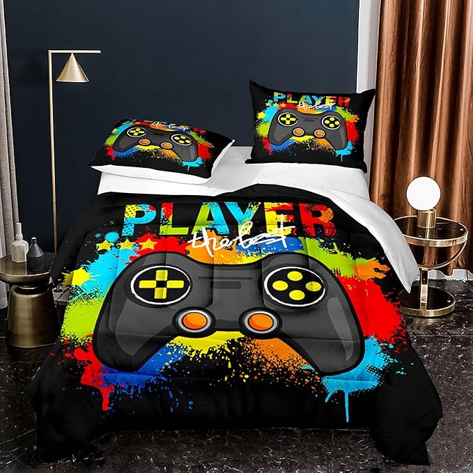 Game Console Comforter Set for Boys Colorful Graffiti Gaming Lightweight Microfiber Bedding Sets Modern Gamer Duvet for All Season Teens Bedroom Decor - LeafyLoom