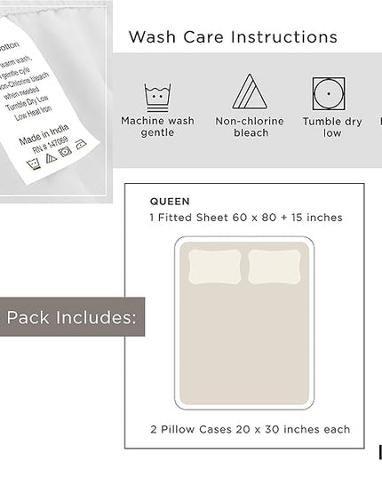 Linen Home 100% Cotton Percale Fitted Sheet Set Queen Size, Ivory, Deep Pocket, 3 Piece -1 Deep Pocket Fitted Sheet and 2 Pillowcases, Crisp Cool and Strong Bed Linen - LeafyLoom