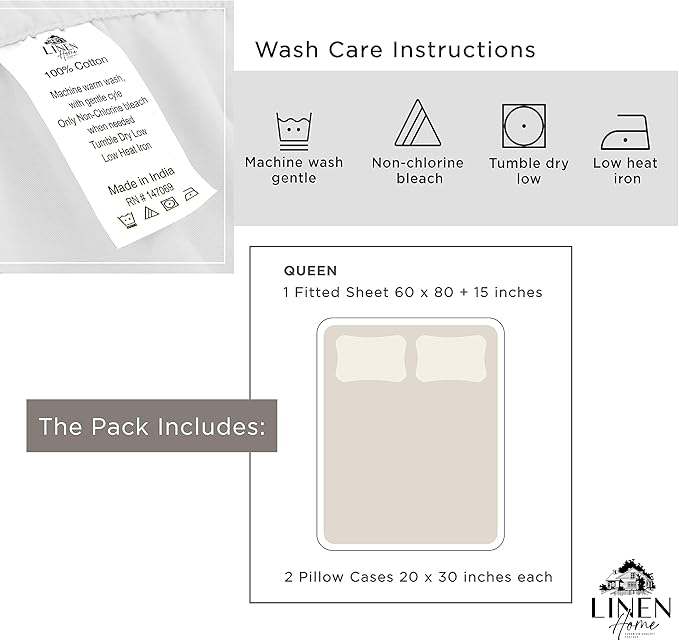 Linen Home 100% Cotton Percale Fitted Sheet Set Queen Size, Ivory, Deep Pocket, 3 Piece -1 Deep Pocket Fitted Sheet and 2 Pillowcases, Crisp Cool and Strong Bed Linen - LeafyLoom