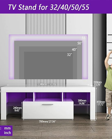 Clikuutory White LED TV Stand with Large Storage Drawer for 32 40 50 55 Inch TVs, Modern High gloss TV Console Table with Entertainment Center for Living Room, Bedroom, White - LeafyLoom