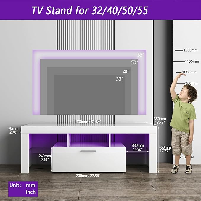 Clikuutory White LED TV Stand with Large Storage Drawer for 32 40 50 55 Inch TVs, Modern High gloss TV Console Table with Entertainment Center for Living Room, Bedroom, White - LeafyLoom