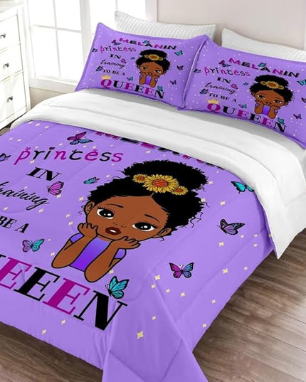 Black Girl Comforter Set Full for Kids,Black Girl Magic Bedding Set,African American Girl Inspirational Quotes Comforter Set,Black Princess Bed Bedroom Set - LeafyLoom