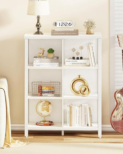 FATORRI 6 Cube Storage Organizer Shelf, Wood and Metal Cubby Bookcase, Modern Cube Bookshelf (White Oak) - LeafyLoom