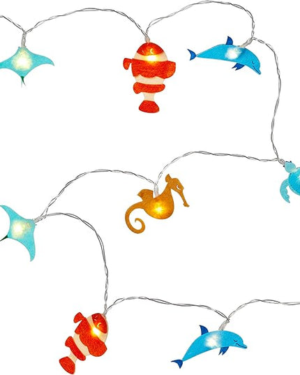Lights4fun, Inc. 16 Sea Life Ocean Themed Felt Battery Operated LED Indoor Kids Bedroom Nursery String Lights - LeafyLoom
