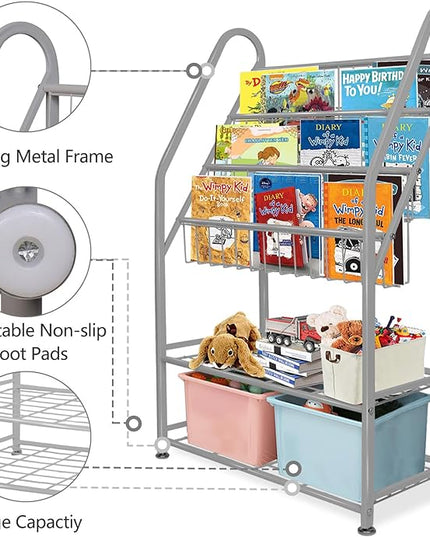 aboxoo Metal Kids Bookshelf Grey Toy Chests & Organizers Large Freestanding for Children Toy Chests & OrganizersRoom 25 in Toy Organizer Large Stable Bookcase Bookstore Library Bed Living Room - LeafyLoom