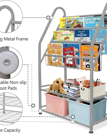 aboxoo Metal Kids Bookshelf Grey Toy Chests & Organizers Large Freestanding for Children Toy Chests & OrganizersRoom 25 in Toy Organizer Large Stable Bookcase Bookstore Library Bed Living Room - LeafyLoom