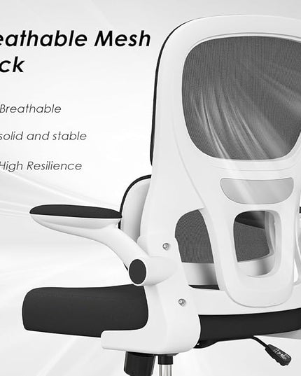 Soohow Ergonomic Home Office Chair, Mesh Desk Chair with Lumbar Support, Comfy Computer Desk Chair with Flip Armrest Rolling Wheels, White. - LeafyLoom