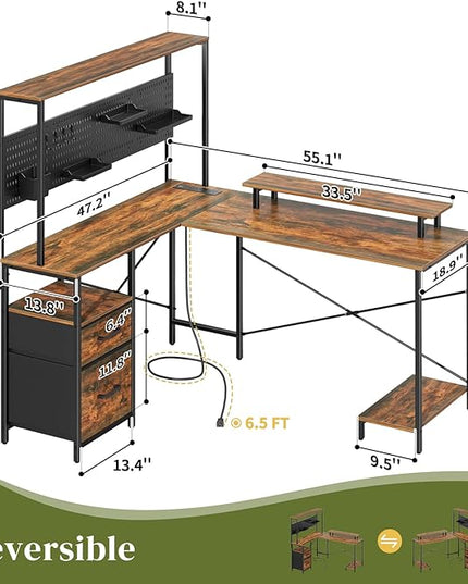 Yoobure L Shaped Desk with Pegboard, Reversible Gaming Desk with LED Lights & Power Outlets, Computer Desk with Drawers & Storage Shelves, Office Desk with Monitor Stand Corner Desk Home Office Desks - LeafyLoom