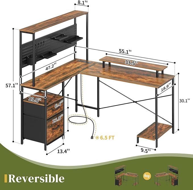 Yoobure L Shaped Desk with Pegboard, Reversible Gaming Desk with LED Lights & Power Outlets, Computer Desk with Drawers & Storage Shelves, Office Desk with Monitor Stand Corner Desk Home Office Desks - LeafyLoom