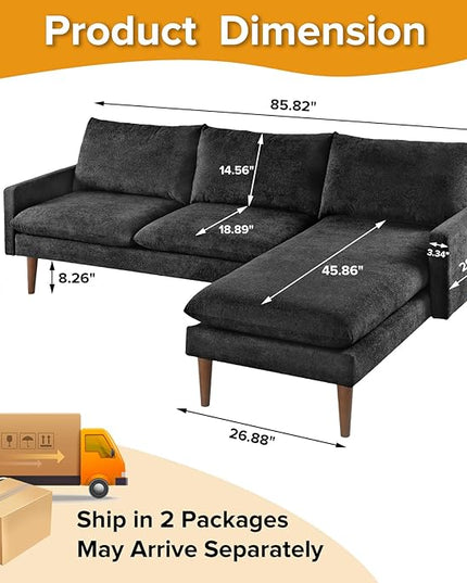 Sectional 86" Velvet Upholstered L-Shaped Sofa with Padded Cashmere,Multi-Functional 3 Seat Convertible Sleeper Couch w/Tapered Wood Legs and Adjustable Backrest,for Living Room,Black - LeafyLoom