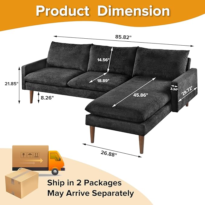 Sectional 86" Velvet Upholstered L-Shaped Sofa with Padded Cashmere,Multi-Functional 3 Seat Convertible Sleeper Couch w/Tapered Wood Legs and Adjustable Backrest,for Living Room,Black - LeafyLoom
