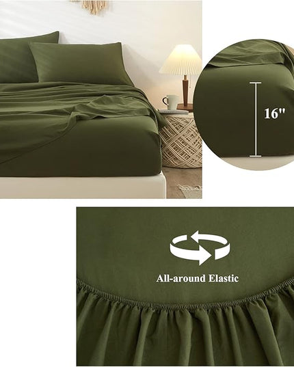 Army Green Full Size Sheet Set Extra Soft Deep Pocket Sheets Set,4 Piece Bed Fitted Sheets Fit 16 Mattress,Wrinkle,Fade,Sain Resistant Cooling Bed Sheets,Fitted Sheets,Pillowcases Set - LeafyLoom