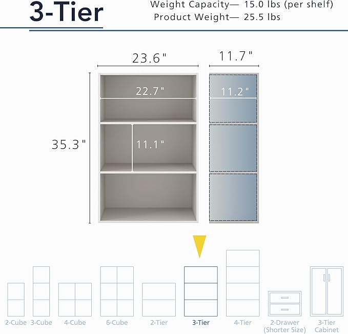 Apexa 3-Tier Cube Storage Organizer Shelves, Stackable Wood Bookcase Fits Cubby Bins for Organization, Dorm Teen Room Decor & Home Office, Greige - LeafyLoom