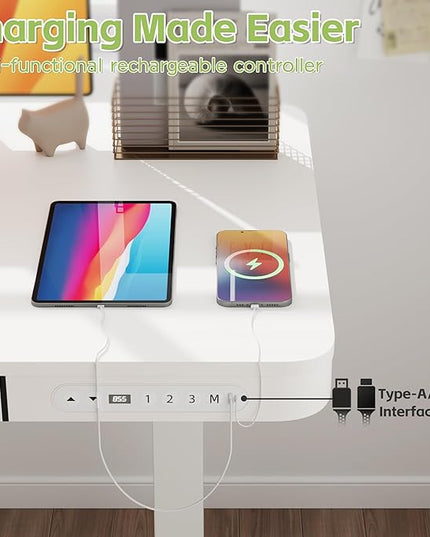 Electric Standing Desk with Drawer, 48 x 24 inches with Preassembled Top & USB Charging Ports, Height Adjustable for Home & Office, White - LeafyLoom