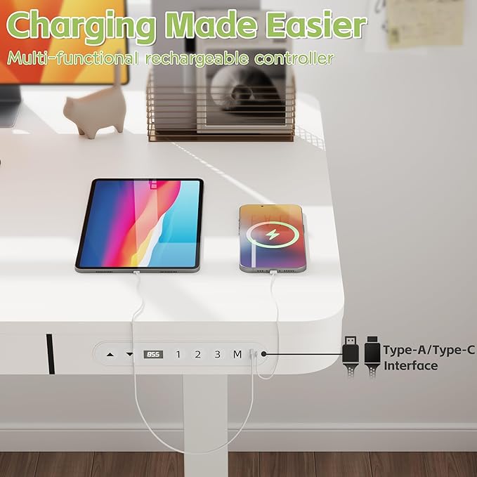 Electric Standing Desk with Drawer, 48 x 24 inches with Preassembled Top & USB Charging Ports, Height Adjustable for Home & Office, White - LeafyLoom