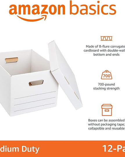 Amazon Basics Medium Duty Storage/Filing Boxes With Lid and Handles, Legal/Letter Size, 12-Pack, White, 16.2" L x 12.5" W x 10.5" H - LeafyLoom