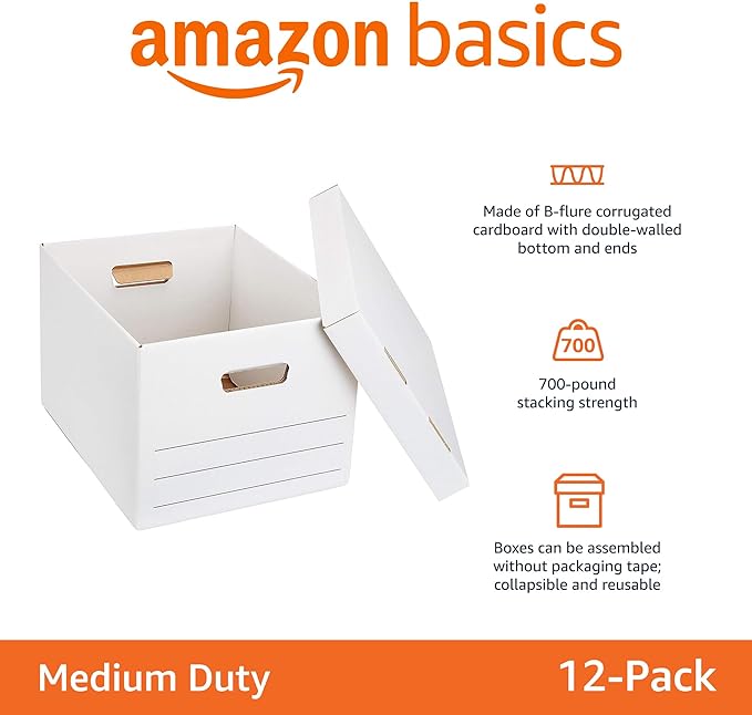 Amazon Basics Medium Duty Storage/Filing Boxes With Lid and Handles, Legal/Letter Size, 12-Pack, White, 16.2" L x 12.5" W x 10.5" H - LeafyLoom