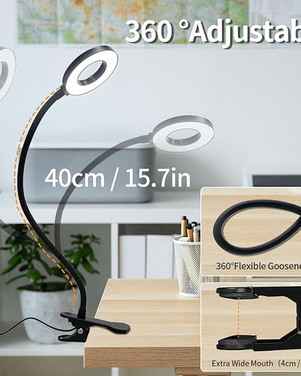 LQWELL® LED Desk Lamp Clip-on Ring Reading Light, 3 Color Temperatures, 10 Brightness Levels & Stepless Dimming, 360° Flexible Clamp Table Lights for Home Office (Neck Length 40CM) - LeafyLoom