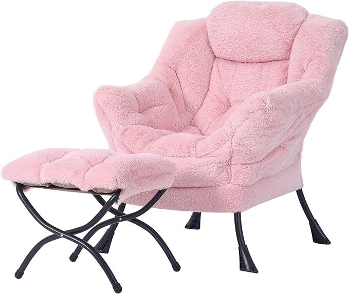 Welnow Lazy Chair with Ottoman, Modern Lounge Accent Chair with Armrests and a Side Pocket, Leisure Upholstered Sofa Chair Set, Reading Chair with Footrest for Small Space, Corner Chair - LeafyLoom
