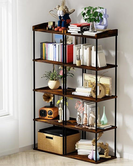5-Tier Narrow Book Shelf, Tall Industrial Wood Bookcase, Vintage Storage Rack and Standing Bookshelves Display Rack for Home Office, Living Room, Bedroom, Kitchen, Rustic Brown - LeafyLoom