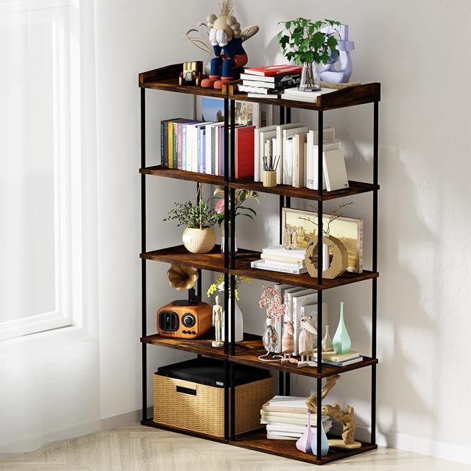 5-Tier Narrow Book Shelf, Tall Industrial Wood Bookcase, Vintage Storage Rack and Standing Bookshelves Display Rack for Home Office, Living Room, Bedroom, Kitchen, Rustic Brown - LeafyLoom