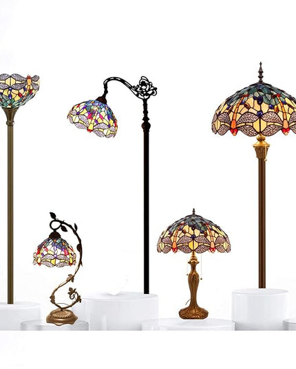 WERFACTORY Tiffany Floor Lamp Sea Blue Yellow Stained Glass Dragonfly Arch Lamp 12X18X64 Inch Gooseneck Adjustable Corner Stand Reading Light Decor Bedroom Living Room S128 Series - LeafyLoom