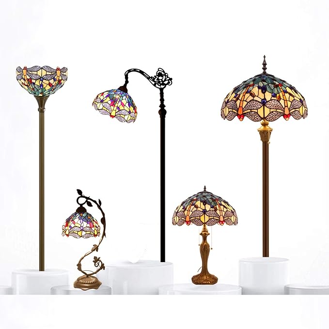 WERFACTORY Tiffany Floor Lamp Sea Blue Yellow Stained Glass Dragonfly Arch Lamp 12X18X64 Inch Gooseneck Adjustable Corner Stand Reading Light Decor Bedroom Living Room S128 Series - LeafyLoom