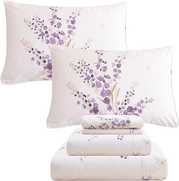 QSH Purple Floral Bed Sheets King Size 100% Egyptian Cotton Lavender Flower Bedding Sheets King Size Bedsheets Sets 17.5" Extra Deep Pocket 4pcs - LeafyLoom