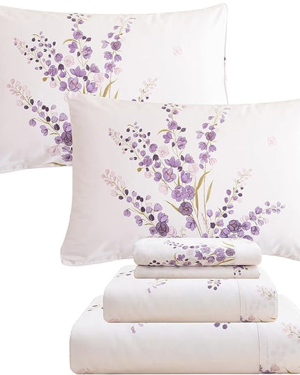 QSH Lavender Floral Bed Sheets Queen Size - 100% Egyptian Cotton Sheets Purple Flower Printed Bedding Sheets Queen Size Bed 4pcs Deep Pockets Bed Sheets - LeafyLoom