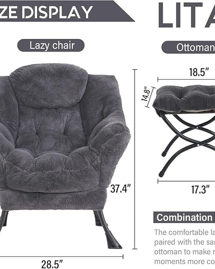 LITA Lazy Chair with Ottoman, Modern Accent Leisure Upholstered Sofa Chair, Lounge Reading Chair with Armrests and a Side Pocket for Living Room, Bedroom & Small Space, Plush Navy - LeafyLoom