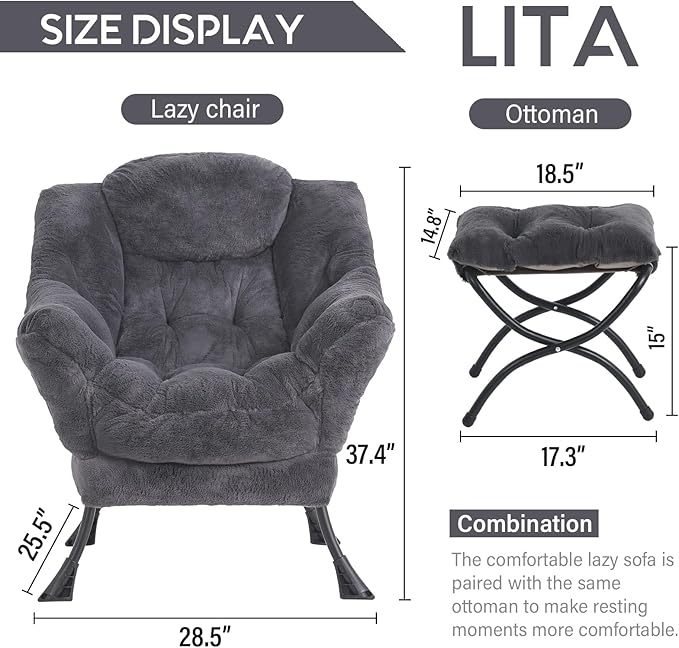 LITA Lazy Chair with Ottoman, Modern Accent Leisure Upholstered Sofa Chair, Lounge Reading Chair with Armrests and a Side Pocket for Living Room, Bedroom & Small Space, Plush Navy - LeafyLoom