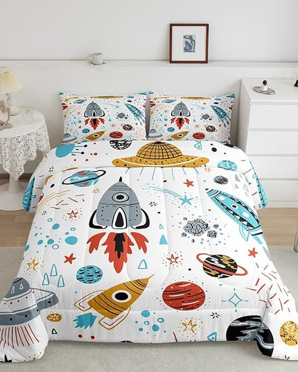 Erosebridal Outer Space Bedding Set King Size Kids Boys Space Ship Rocket Comforter Set Cartoon Universe Stars Planet Down Comforter Cosmos Meteorite Quilt Duvet Set with 2 Pillow Cases - LeafyLoom
