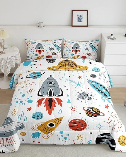 Erosebridal Outer Space Bedding Set Full Size Kids Boys Space Ship Rocket Comforter Set Cartoon Universe Stars Planet Down Comforter Cosmos Meteorite Quilt Duvet Set with 2 Pillow Cases - LeafyLoom