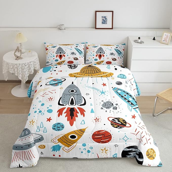 Erosebridal Outer Space Bedding Set Full Size Kids Boys Space Ship Rocket Comforter Set Cartoon Universe Stars Planet Down Comforter Cosmos Meteorite Quilt Duvet Set with 2 Pillow Cases - LeafyLoom