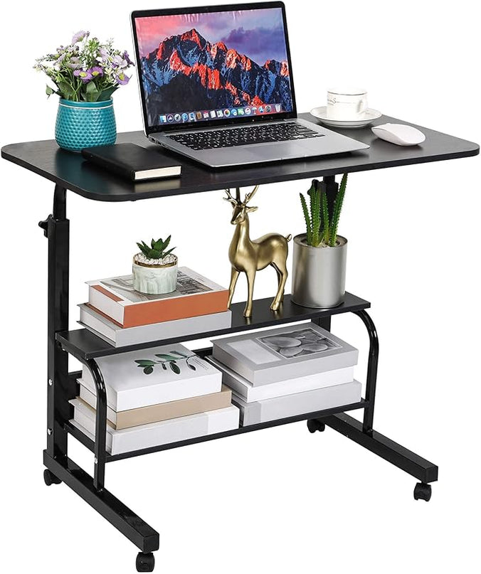 Adjustable Home Office Desk Portable Study Computer Rolling Desk for Small Spaces Movable Sofa Side Table on Wheels Student Small Laptop Desk with Storage Black Size 31x16 Inch - LeafyLoom