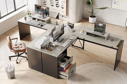 Bestier Lift Top L Shaped Desk with File Drawer, 55'' x 55'' Office Desk with Reversible Storage Drawers, L Shaped Standing Desk with Computer Monitor Stand (Retro Grey Oak Light) - LeafyLoom