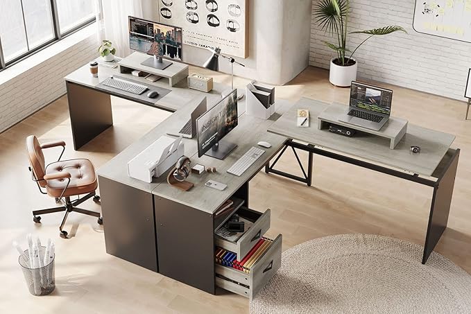 Bestier Lift Top L Shaped Desk with File Drawer, 55'' x 55'' Office Desk with Reversible Storage Drawers, L Shaped Standing Desk with Computer Monitor Stand (Retro Grey Oak Light) - LeafyLoom