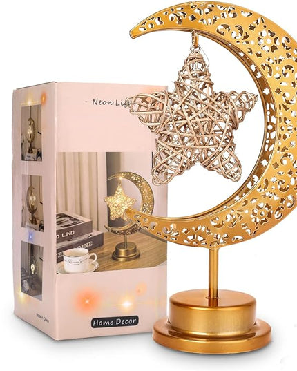 HEDAQI Enchanted Lunar Star Table Lamp, Cordless Battery Operated LED Crescent Moon Light, Hanging Star Lamp Decorative Night Light Home Bedroom Decor - LeafyLoom