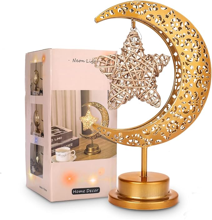HEDAQI Enchanted Lunar Star Table Lamp, Cordless Battery Operated LED Crescent Moon Light, Hanging Star Lamp Decorative Night Light Home Bedroom Decor - LeafyLoom